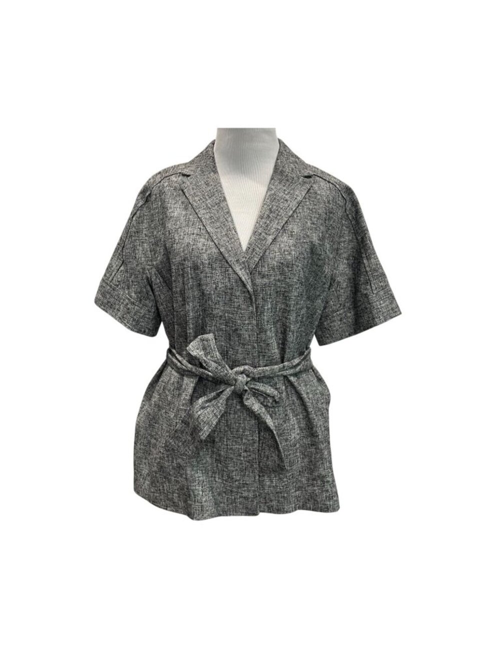 Ann Taylor Short Sleeve Belted Blazer 12P Black Tweed Capsule Academia Preppy